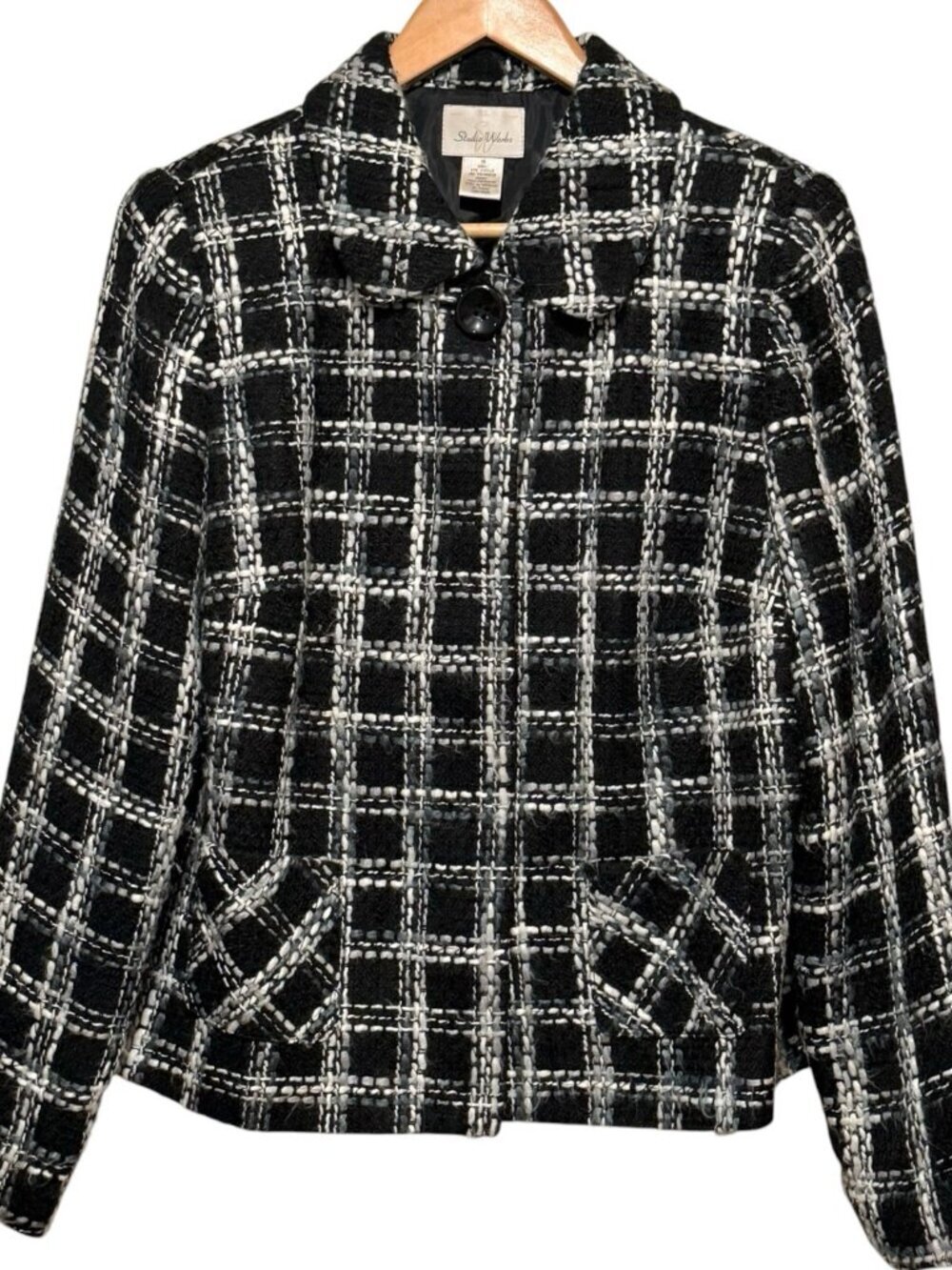 Studio Works Sz 14 Black White Plaid Tweed Concealed Button Blazer Jacket Career